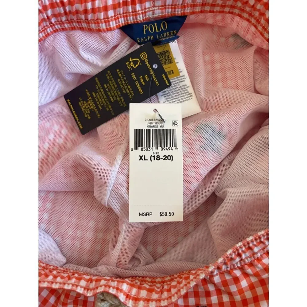 Ralph Lauren Orange and White Gingham Swim Trunks with Palm Embroidery